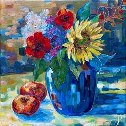 Summer evening. Original oil painting on canvas. Floral still life, poppy, lilac, bright yellow sunflower, juicy apples.