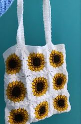 Sunflowers Crochet Bag, Crochet Granny Square Bag, Summer Bag Tote, Handbag , Crochet Patchwork Bag