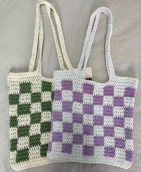 Checkered Crochet Summer Bag, Checkered Bucket Crochet Bag, Summer Bag Tote, Handbag, Handmade Vintage Bag