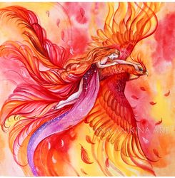 Phoenix Painting Phoenix And Woman Art Original Girl And Phoenix Watercolor Firebird Artwork Handmade. MADE TO ORDER