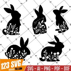 Floral Rabbit SVG. Rabbit Silhouette for Cricut and Cut File. Flower Rabbit Easter. Easter Cut File. Rabbit Easter SVG.