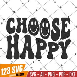 Choose Happy SVG PNG, Retro Wavy Letters, Happy Face SVG, Groovy Summer Shirt, Sublimation Design, Digital Cut Files For