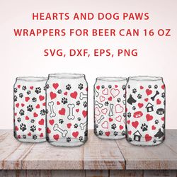 Beer Cans with dog paws & hearts, 4 designs of full wrappers 16oz for dog lovers in SVG, EPS, DXF, PNG formats