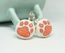 Dog paw dangle embroidered earrings, Cross stitch jewelry for pet lover, Beige handcrafted gift for her