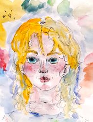 girl, woman, portrait, green eyes, watercolor, gel pen
