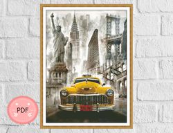 New York Taxi Cross Stitch Pattern,Yellow Taxi , X Stitch Pattern,Instant Download Pattern,New York City