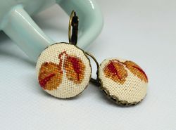 Fallen leaf embroidered earrings, Cross stitch autumn jewelry, Handcrafted gift for her