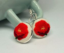 Red poppy embroidered earrings, Handcrafted dainty floral gift for her, Cross stitch nature jewelry