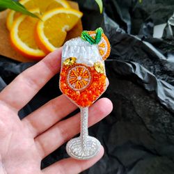 Glass beaded brooch, Aperol cocktail, gift to a friend, embroidered brooch, orange brooch