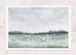 Misty field painting Cloudy sky painting Summer Landscape painting postcard Original watercolor painting 5x7
