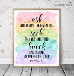 Ask And It Shall Be Given You, Matthew 7:7, Rainbow Nursery Bible Verse Printable Art, Scripture Prints, Christian Gifts