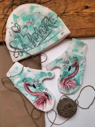 set of mittens and hat with hand-painted,patterned mittens, flamingo mittens