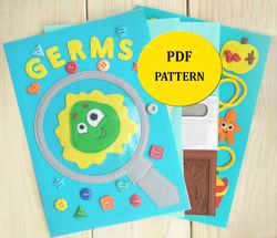 Interactive lapbook Germs PDF pattern & tutorial, felt pattern, Montessori travel toys, Felt Sewing pattern baby
