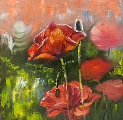 Painting poppies, red poppies, flowers in oil, still life