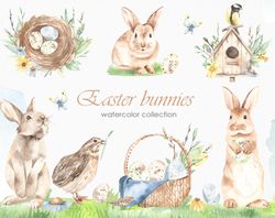 Easter bunnies. Watercolor clipart. Spring greens, birds, cute rabbits, nests, flowers, willows. Digital bunnies