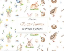 Easter bunnies. Watercolor seamless patterns. Happy easter patterns. Rabbits, quails, nests, birdhouse, spring greenery