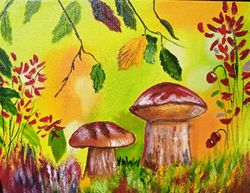 Autumn Landscape Art Mushrooms Berries Mushroom Painting Art Decor For Children Original Oil Painting Bright