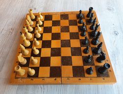 Russian wooden chess set 1980s vintage: medium size 36 cm chess board & small chess pieces
