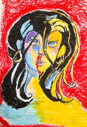 Portrait of a girl, a woman with black hair, blue eyes, bright colors, red, yellow, oil pastel