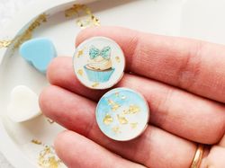 Resin stud earrings, Light blue minimalist earrings with gold, Circle lightweight cute earrings foil