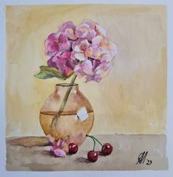 Hydrangea Original Painting Flower Watercolor Cherry Artwork Floral Art Home Decor