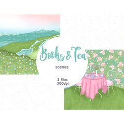 Books And Tea Clipart | Summer Mountains Background