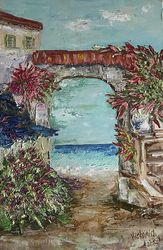 Oil painting "Arch in the house of Italy, flowers" picture