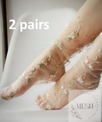 2 Pairs Embroidered Tulle Socks Womens Mesh Flowers | Sheer Floral Socks White Bridal Aesthetic Lace Socks