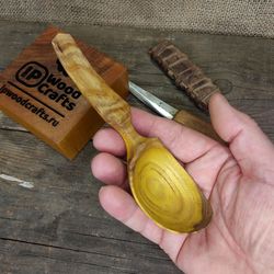 Handmade wooden pocket spoon from natural mulberry wood with curved handle for hiking
