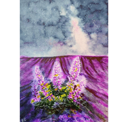 Lavender Painting Original Watercolor Night Landscape Painting Fields Artwork Flowers Painting Lavender Original Art