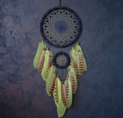 Natural Graphite Gray dream catcher | Green dreamcatcher with natural brown feathers