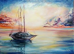 Sailboat Painting Original Art Ship Seacape Wall Art Acrylic Artwork