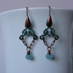 Boho Shabby chic Vintage style solid and natural copper earrings Textured patinated with a Aquamarine bead and chain