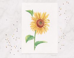 Sunflower painting Original watercolor Painted postcard 5x7"