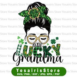 St Patrick's Png One Lucky Grandma Png, Sublimation Lucky Shamrock, Messy Bun Leopard Grandparents Day, Png Design