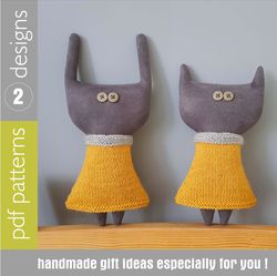 Stuffed animals patterns PDF, Cat ang Rabbit in knitted Dresses, set of 2 tutorials in English, rag doll sewing diy