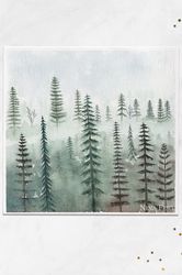 Foggy forest painting Original watercolor painting on eco-friendly paper Green forest painting Square painting