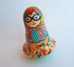 Nevalyashka art modern painted wooden roly poly music doll Russian handmade toy