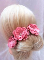 Set of 3 hair pin, Blush pink flower hair pin with rhinestones, Wedding hair pin with silk flower, Bridal hair pin
