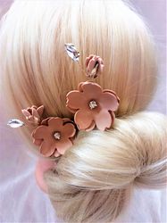 Set of 3 bridal hair pin, Cream-colored flower hair pin with rhinestone, Prom /Wedding hairpin, Cream flower hair pin