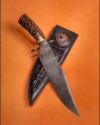 Handmade Damascus Steel Bowie Knife with Stag Horn Handle By Viking Gorilla