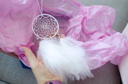 White Dream Catcher Beaded Car Wall Hanging Ornament |  Feathers Rear View Mirror Charm