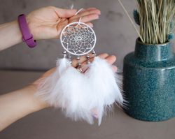 White Dream Catcher Beaded Car Wall Hanging Bead Ornament Feathers Mini Decoration