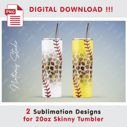 2 Baseball Softball Leopard Templates - Seamless Sublimation Patterns - 20oz SKINNY TUMBLER - Full Tumbler Wrap