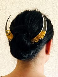 Hair clip, Hair pin, Crescent moon hair stick with black oak, resin and gold foil, Celestial hair stick, Hair barrette