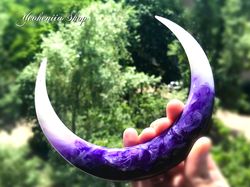 Hair clip, Hair pin, Crescent moon hair stick with black oak and purple resin, Celestial hair stick, Hair barrette