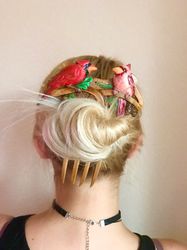 Carved wooden hair comb with red birds, Summer hair clip, Wood hair stick, Bun holder for long hair, Hair Accessories
