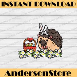 Easter Hedgehog Bunny Eggs On Flowers Cute Easter Day Png, Happy Easter Day Sublimation Design