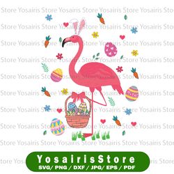 Easter Bunny Flamingo Bringing Eggs Basket Png, Happy Easter Png, Pink Flamingo Easter Png, Flamingo Png