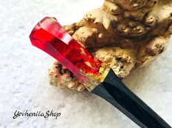 Red hair stick, Hair pin, Hair clip with wood, red resin and foil, Handmade hair jewelry, Hair accessories for women